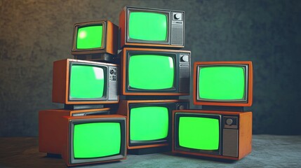 Retro Television Stack: Vintage Green Screens in a Moody Setting