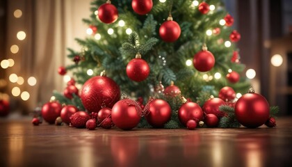 A beautifully styled bokeh image of a festive holiday background featuring a decorated tree and red ornaments , snowy landscape, winter wonderland, festive decor