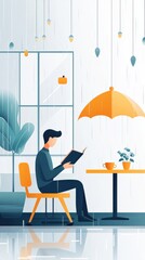 Fototapeta premium Cozy Indoor Reading Scene with Rainy Weather, Modern Design, Colorful Umbrella, and Tranquil Atmosphere for Relaxation and Leisure Moments