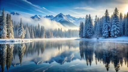 Obraz premium Snowy forest with frozen lake and misty mountains, snowy, nature, snowy, nature, winter scenery, frozen lake