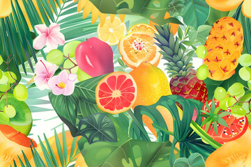 Fototapeta premium Illustration - Tropical Fruits, Flowers, and Leaves Background