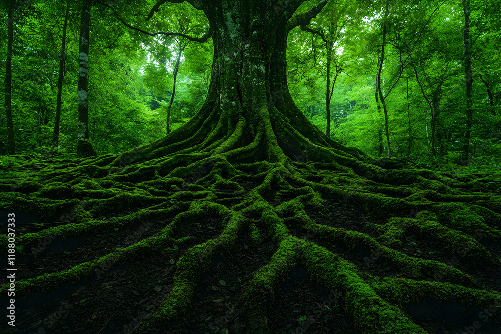 Wall mural Ancient Tree Roots in Lush Forest, Green Canopy Overhead