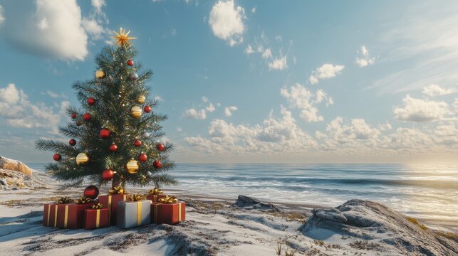 A coastal Christmas scene with a pine tree decorated in gold and red ornaments on a sunny beach, with a line of presents and the ocean horizon.