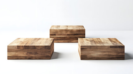 wooden square cube podium stages with wood block platforms on white background for product display, featuring three realistic wooden cubes ideal for exhibition showcase or stand pedestal.