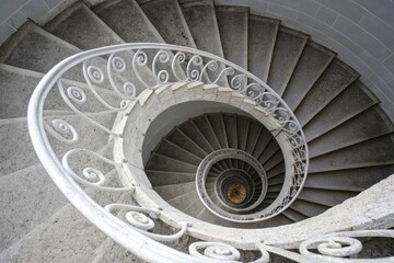 A delicate white spiral pattern fills the void of a gray and empty space, simple form, clean lines, minimalist design, creative freedom, symmetrical balance