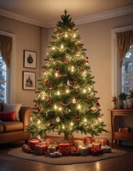 A festive Christmas tree decorated with twinkling lights and ornaments in a cozy living room, winter season, inviting space