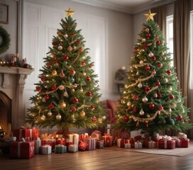A festive Christmas Eve tree with ornaments and decorations, inviting atmosphere, cozy room, snowy landscape