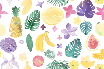 Watercolor Illustration - Tropical Fruits, Flowers, and Leaves Background