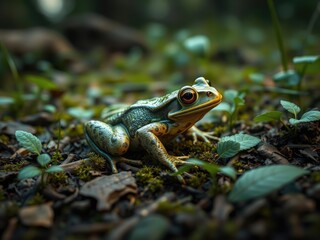 Fototapeta premium A frog blending into its surroundings on the forest floor, camouflage, leafy