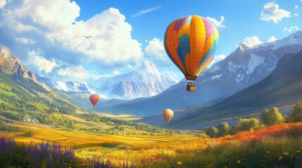 Obraz premium A colorful hot air balloon festival in a picturesque valley surrounded by mountains and open fields.