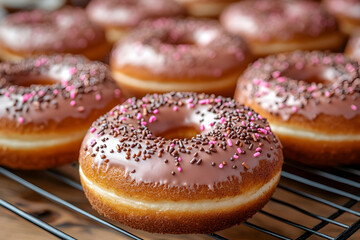 Close-up of assorted glazed donuts with chocolate and pink sprinkles on a cooling rack