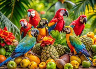 Vibrant Tropical Birds Feasting on Exotic Fruits, Close-Up Food Photography