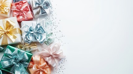 A colorful pile of presents tied with satin ribbons and sparkling bows, isolated on a white background, ready for the holiday season.