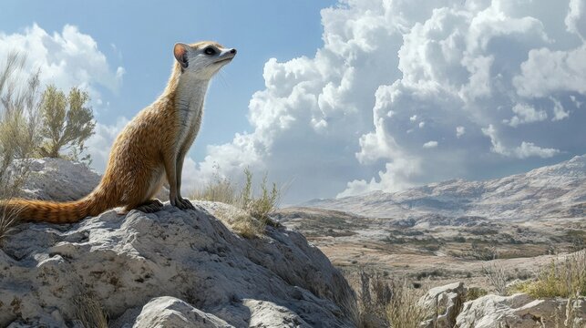 A common mongoose Herpestes ichneumon standing alert on a rocky terrain, scanning its surroundings with keen eyes under a bright European sky.