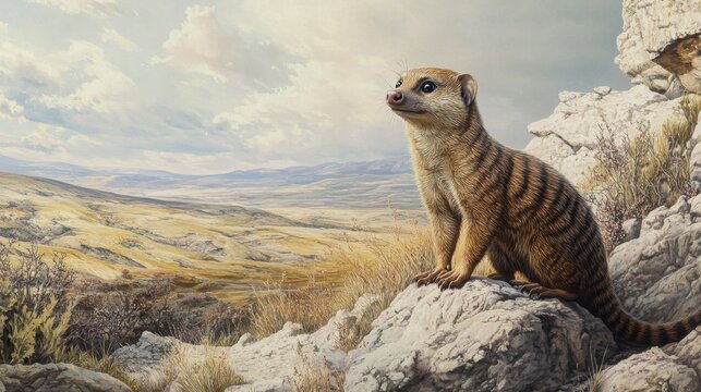 A common mongoose Herpestes ichneumon standing alert on a rocky terrain, scanning its surroundings with keen eyes under a bright European sky.
