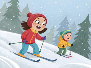 Kid  skiing In the middle of white snow I have friends who are pets. and snowman