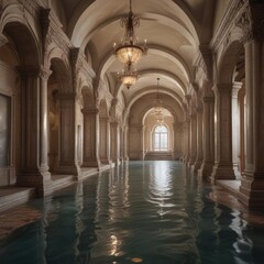 Fototapeta premium A grand staircase leads through a flooded palace hallway with arches high above , water level rising, flooded hallways