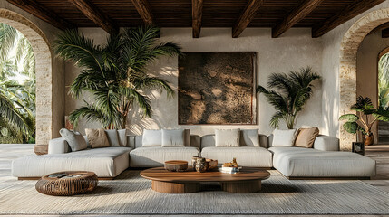 Luxurious outdoor lounge, Mediterranean villa, sunset, tropical plants, interior design