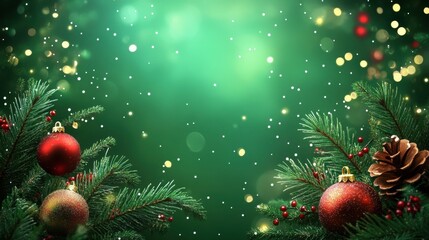 A cozy and festive green Christmas background with fir branches and decorations, perfect for adding personalized holiday messages or advertising offers.