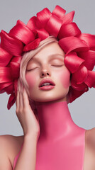 Fototapeta premium Floral Elegance Woman with Vibrant Pink Petal Headpiece