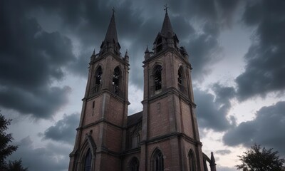 Fototapeta premium A hauntingly beautiful scene of an abandoned church tower with a melancholic sky, decay, building, sky