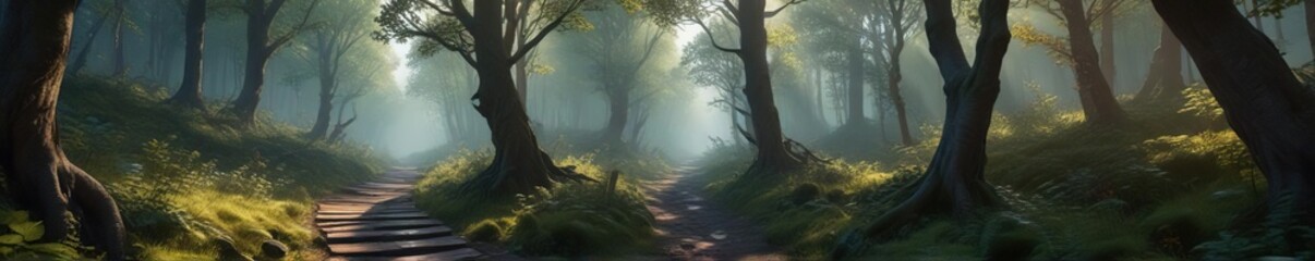 Fototapeta premium A mystical pathway unwinds through the forest, bathed in a soft luminescent light that calls to secrets and stories of old, mystical pathway, woodland whispers, ancient secrets