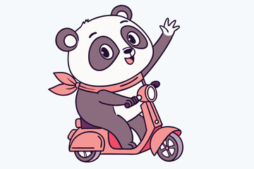 Cute Panda Waving Hand On Scooter Cartoon