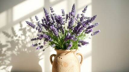 A vase of lavender flowers bathed in sunlight, casting soft shadows on the wall, evoking a sense of tranquility and serenity.