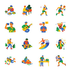 Set of Recreational Hobbies Flat Style Illustrations 
