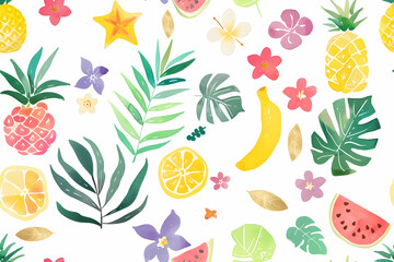 Watercolor Illustration Tropical Fruit, Flower, and Leaf Pattern