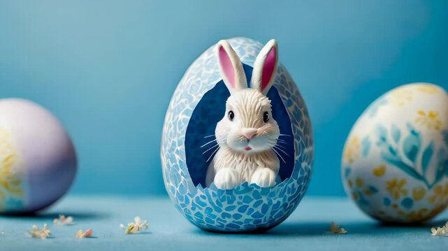 Video  White Easter bunny peeking out of a blue paper egg, soft blue background, Easter, spring	