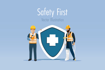 Broken arm and broken leg workers at medical symbol on safety shield. Safety first warning and awareness to prevent from accident injury at construction site. Vector.