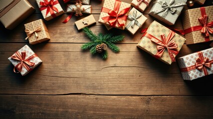 Fototapeta premium A rustic wooden table adorned with a scattering of beautifully wrapped presents, each tied with festive red ribbons and adorned with delicate embellishments, creating a heartwarming holiday scene.