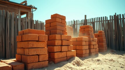 Obraz premium Stacked bricks in a construction site, awaiting their destiny to become part of a new structure
