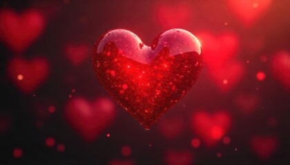 Sparkling red heart against a bokeh background of smaller hearts. Ideal for romantic designs and creative projects. 