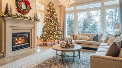Fototapeta premium A cozy holiday living room with a blurred Christmas tree in the background, offering a perfect photo backdrop with soft holiday ambiance.