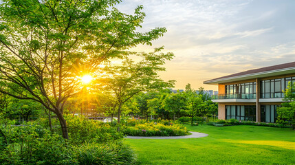 Sunset illuminates modern building's landscaped garden; showcasing tranquil suburban living, ideal for real estate marketing