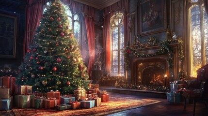 Obraz premium A cozy holiday scene with a Christmas tree covered in tinsel and baubles, surrounded by an assortment of gifts tied with elegant ribbons.