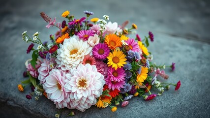 Fototapeta premium A vibrant bouquet of colorful flowers, bursting with a kaleidoscope of hues, rests on a textured gray surface.