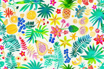 Illustration Tropical Fruits Flowers and Leaves Pattern Background
