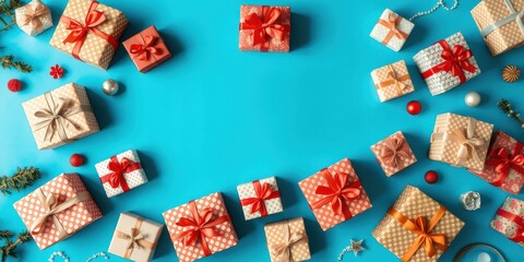 A festive arrangement of wrapped gifts on a blue background, featuring a variety of patterns and colors, creating a celebratory and joyful atmosphere.