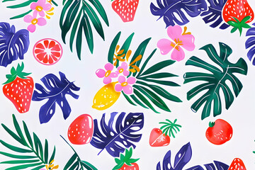 Illustration - Tropical Fruit, Flowers, and Monstera Leaves Background