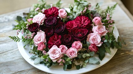 A lush heart of deep red and blush pink blooms, surrounded by soft green foliage on a white ceramic plate