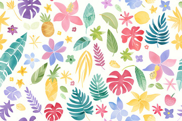 Illustration - Tropical Paradise Seamless Pattern Watercolor Pineapples, Flowers, and Leaves