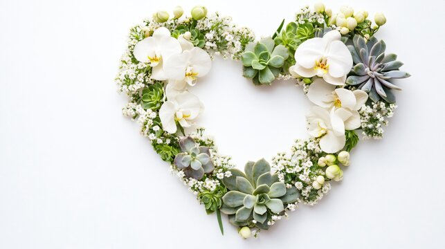 A modern floral heart design made of orchids, succulents, and tiny white buds, on a plain white backdrop - Powered by Adobe