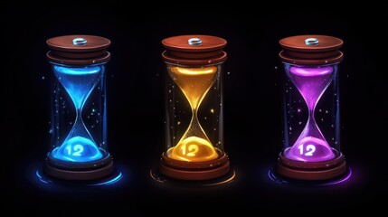 Three glowing hourglass timers showing twelve, with blue, gold, and purple sand.