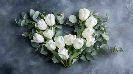 A modern heart-shaped floral piece of white tulips and soft green eucalyptus leaves, resting on a gray concrete surface