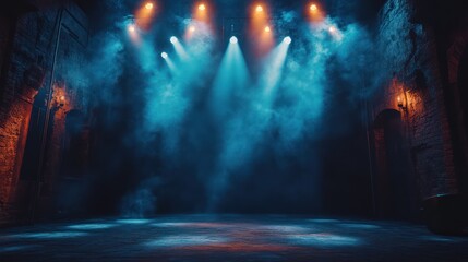 An empty stage illuminated by spotlights