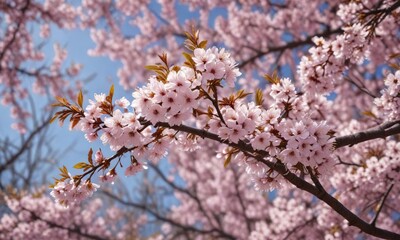 Obraz premium Cherry tree branches covered in blossoms and leaves during spring, flora, fauna