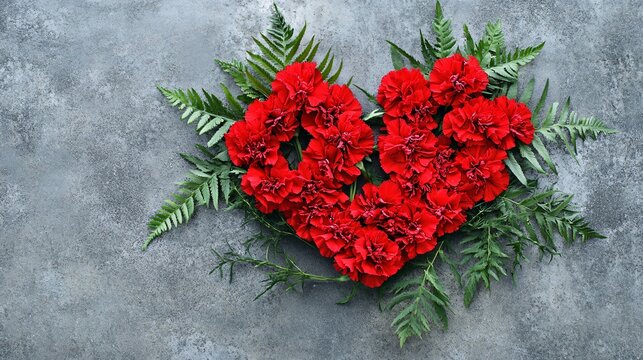A romantic floral heart of red carnations and fern leaves, set on a modern concrete surface - Powered by Adobe